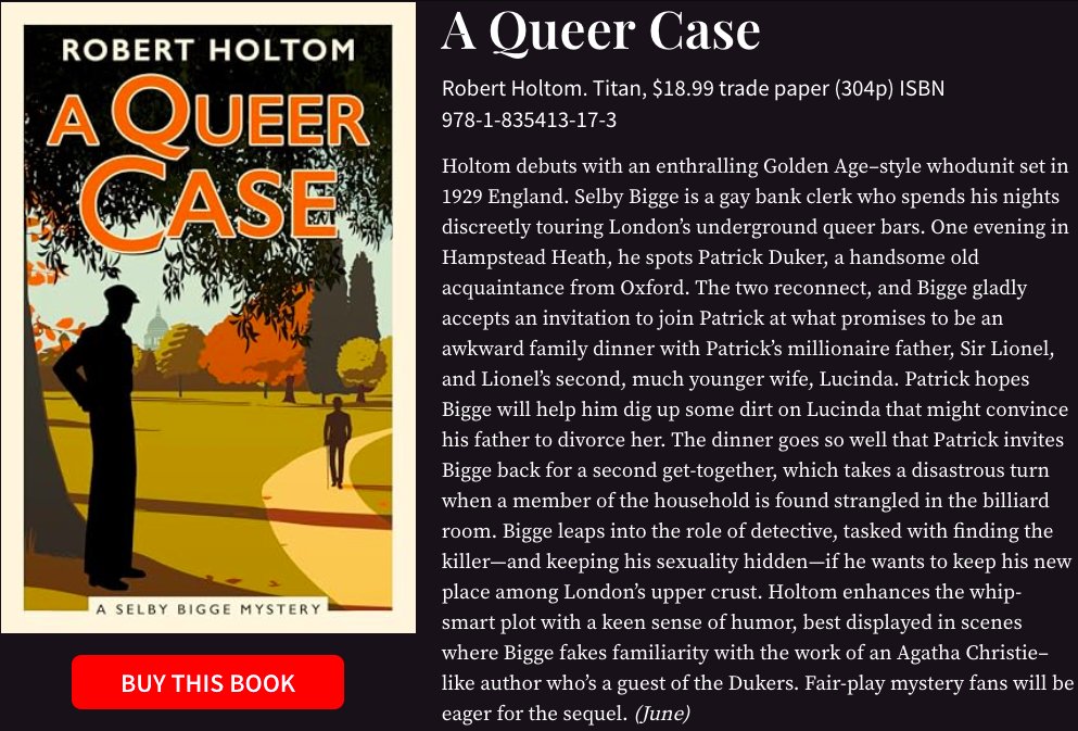 "... an enthralling Golden Age–style whodunit set in 1929 England..." - publishersweekly.com/9781835413173

A lovely review from <a href="/PublishersWkly/">Publishers Weekly</a> for #AQueerCase, thank you! 🏳️‍🌈🧐 <a href="/TitanBooks/">Titan Books</a>
