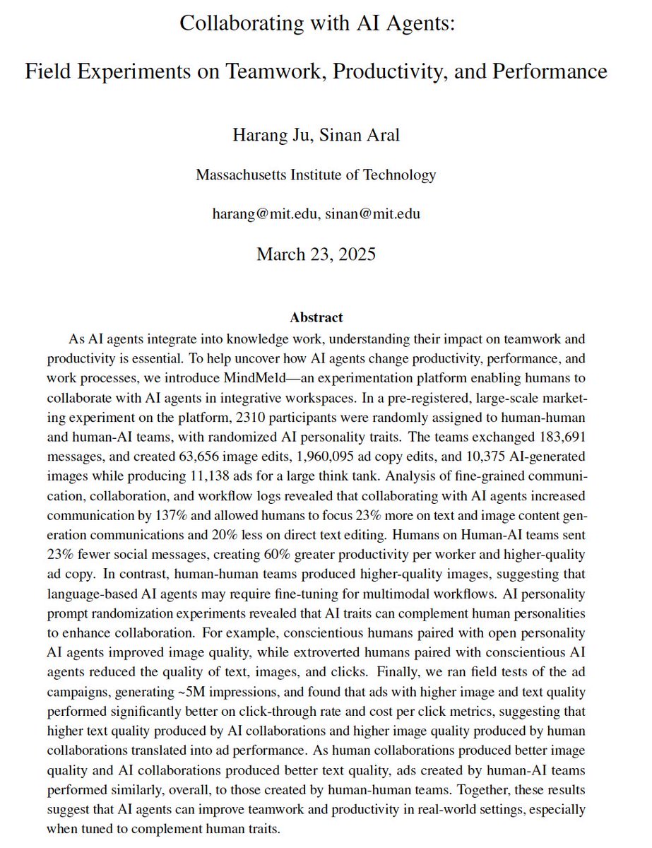 sinanaral's tweet image. 🚨New Working Paper!🚨
🚩We built a commercial grade RCT platform called MindMeld for humans and AI agents to collaborate in integrative workspaces.
🚩We then tested it in a large-scale Marketing field experiment with surprising results:
🚩"Personality pairing" between human…
