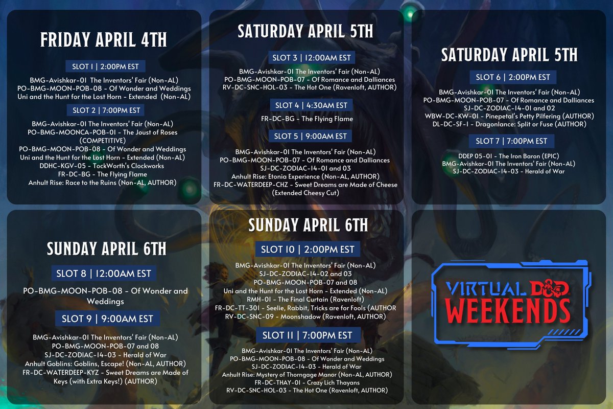 baldmangames's tweet image. Signups for April's Virtual #dnd Weekend are up! Lots of cool stuff in store, including the premiere of our newest storyline, ⚙️Avishkar⚙️baldman.link/VDDW-Tix
Highlights:
🔨The Iron Baron EPIC
🍂 New Anhult Wildlands mods
🖋️Author-run mods
🌹 Promise of Blossoms Competitive!