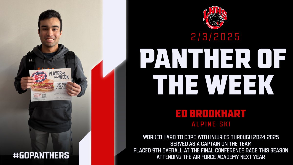 Lakeville North High School (@lnhs_panthers) on Twitter photo Catching up on celebrating our <a href="/jerseymikes/">Jersey Mike's Subs</a> Panther of the Week by shouting out Ed Brookhart! Ed is from the Alpine Ski team. He sustained multiple injuries but served as a dedicated captain and placed 9th overall in the final SSC race this season. Congrats Ed! #astudentabove Catching up on celebrating our <a href="/jerseymikes/">Jersey Mike's Subs</a> Panther of the Week by shouting out Ed Brookhart! Ed is from the Alpine Ski team. He sustained multiple injuries but served as a dedicated captain and placed 9th overall in the final SSC race this season. Congrats Ed! #astudentabove
