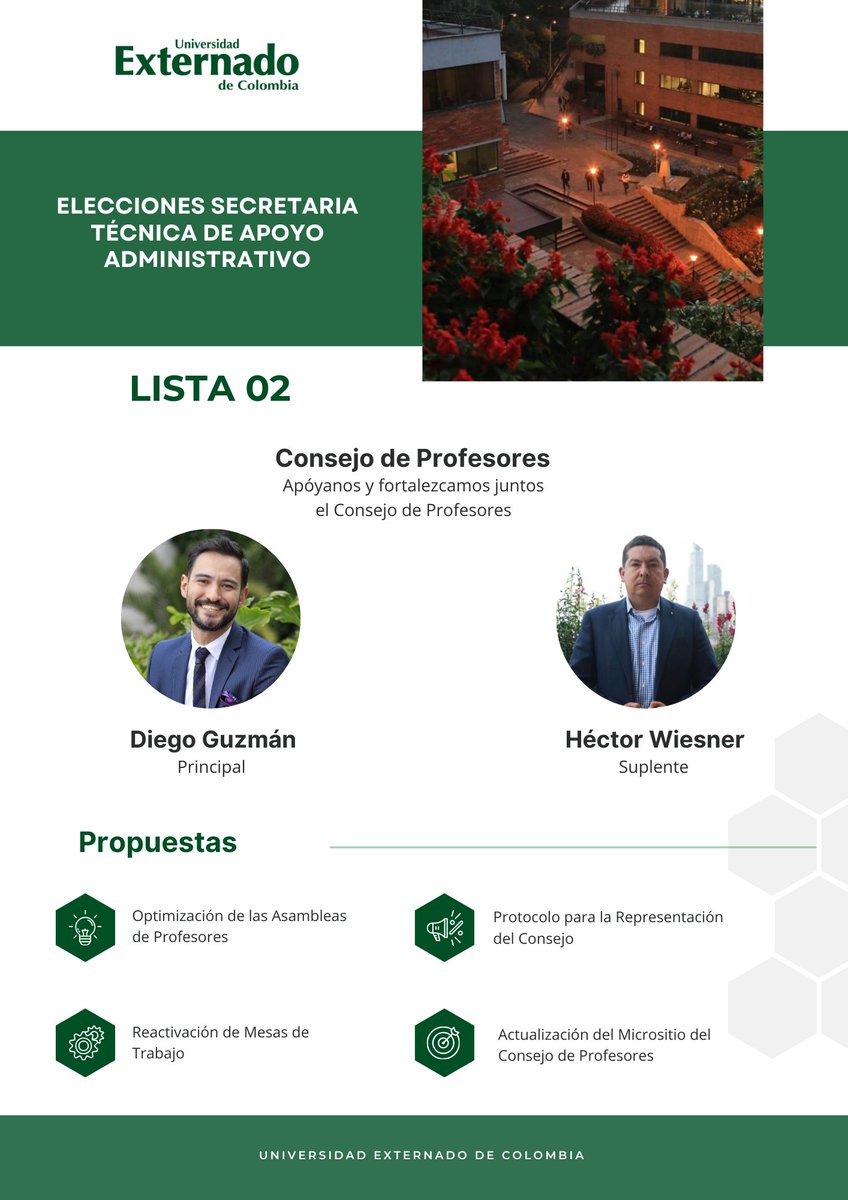✨ Hoy presento mis propuestas para la Secretaría Técnica de Apoyo Administrativo del Consejo de Profesores en la <a href="/UExternado/">U.Externado</a>. Juntos podemos optimizar nuestras reuniones, asegurar una representación efectiva de la Factultad de Derecho. ¡Contamos con su apoyo!
