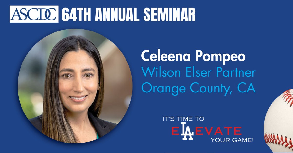 WilsonElser's tweet photo. Don’t miss Celeena Pompeo this Thursday at the at the 64th Annual Seminar of the Association of Southern California Defense Counsel as she joins a panel geared to young lawyers  who have questions they hesitate to ask firm partners. https://t.co/ctAeRA7yhw #WilsonElser #ASCDC https://t.co/8qeLjBmfus