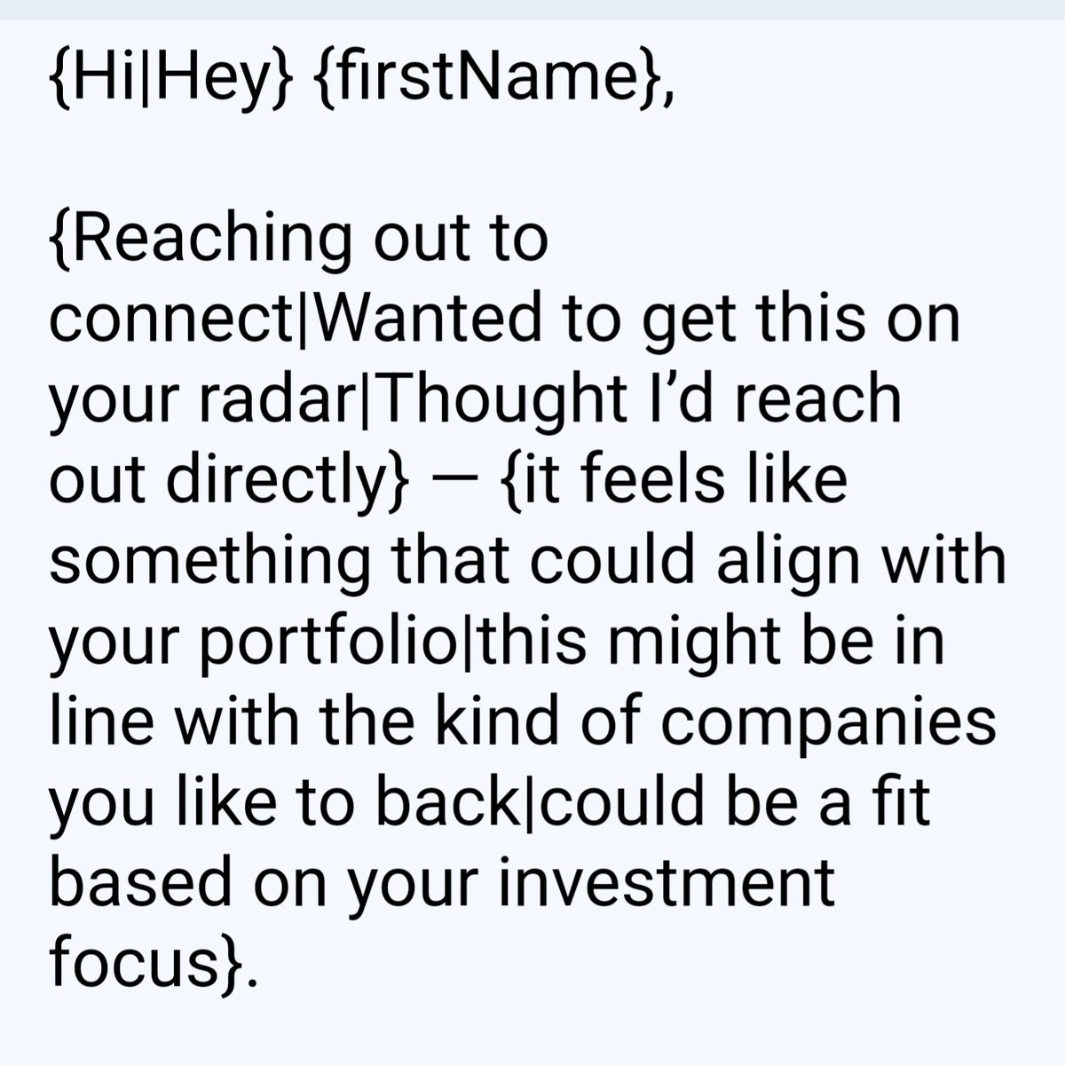 Eghosa Omoigui (@eghosao) on Twitter photo Always enjoyed <a href="/chrisfralic/">Chris Fralic</a>'s shares of random incoming completely nonpersonalized pitch solicitations.
But I had no idea I would ever receive one as wild as this.
Like, slash? Always enjoyed <a href="/chrisfralic/">Chris Fralic</a>'s shares of random incoming completely nonpersonalized pitch solicitations.
But I had no idea I would ever receive one as wild as this.
Like, slash?