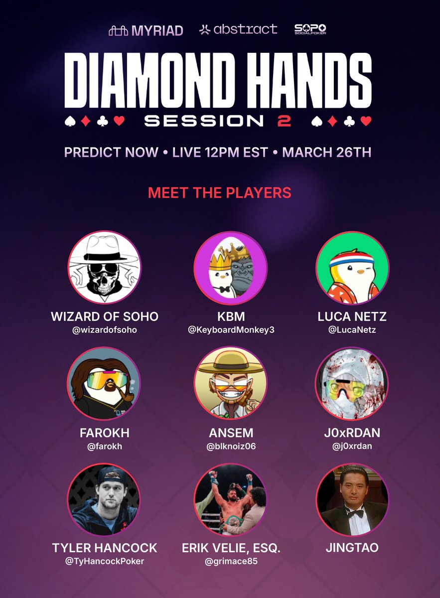 Diamond Hands Session 2, in collaboration with <a href="/AbstractChain/">Abstract</a> and <a href="/PlaySOPO/">Social Poker</a> - live tomorrow!

Predictors can wager $PENGU on players, hands and many other markets NOW  ♠️♥️♣️♦️

poker.myriad.markets