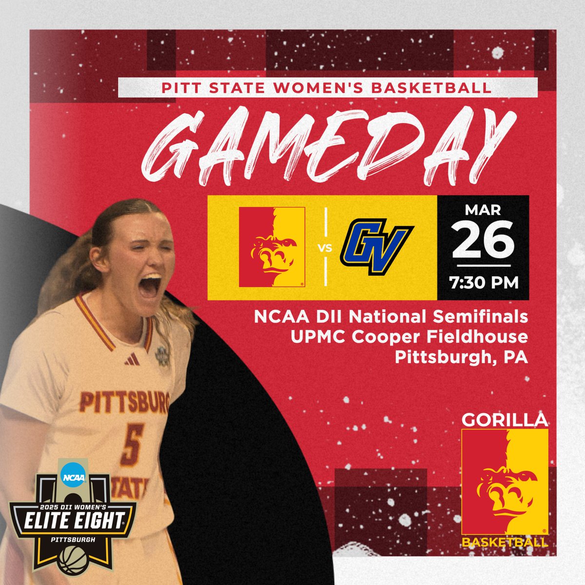 Pitt State Athletics 🦍 (@pittstgorillas) on Twitter photo 🚨FINAL FOUR GAMEDAY🚨
It's #7 Pitt State against #2 Grand Valley State tonight in Pittsburgh for a spot in the national championship 🦍🏀
Game begins at 8:30 PM (7:30 PM CST).
<a href="/GorillasWBB/">Pitt State Women's Basketball 🏀</a>|<a href="/pittstate/">Pittsburg State</a> 🚨FINAL FOUR GAMEDAY🚨
It's #7 Pitt State against #2 Grand Valley State tonight in Pittsburgh for a spot in the national championship 🦍🏀
Game begins at 8:30 PM (7:30 PM CST).
<a href="/GorillasWBB/">Pitt State Women's Basketball 🏀</a>|<a href="/pittstate/">Pittsburg State</a>