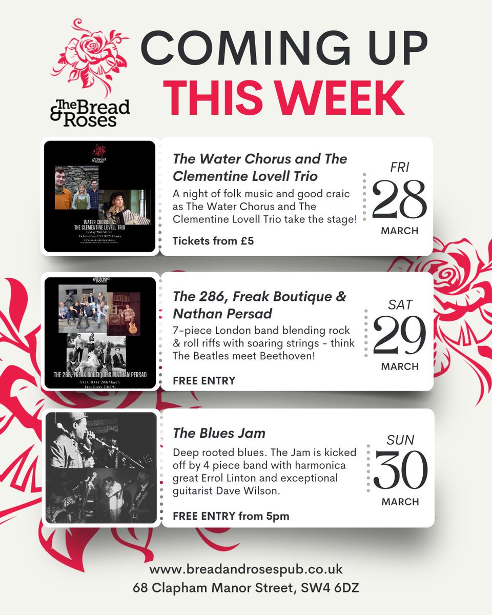 Another week packed with that Bread &amp; Roses goodness!

A brand new monthly quiz, daytime comedy, Scotty Rockstar Showcase sessions are back and a weekend of EPIC live music.

👋 March! 

Tickets via link in bio or FREE ENTRY 💃🏽

#breadandroses #breadandrosespub #whatsonlondon