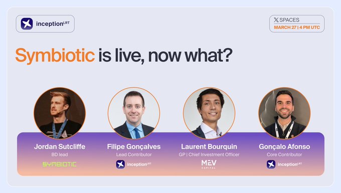 X Spaces event banner titled "Symbiotic is live, now what?" hosted by InceptionLRT. Features Jordan Sutcliffe (Symbiotic), Filipe Gonçalves, Laurent Bourquin (MEV Capital), and Gonçalo Afonso. Event scheduled for March 27 at 4 PM UTC.
