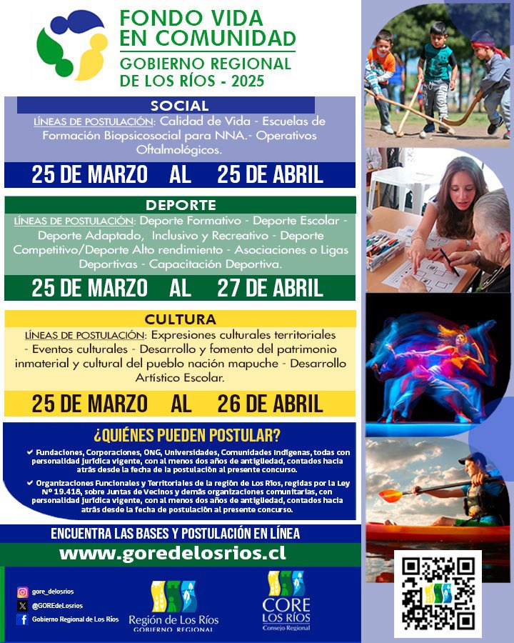 🌱 ¡Atención organizaciones sociales!
Ya puedes postular al Fondo Vida en Comunidad 2025.

📅 Plazos para sus diferentes líneas
🔹 Social: Hasta el 25 de abril
🔹 Deporte: Hasta el 27 de abril
🔹 Cultura: Hasta el 26 de abril

📌 Postula en 👉 goredelosrios.cl

#valdiviacl