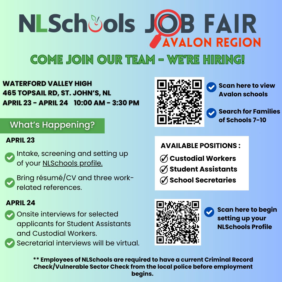 We are looking for Custodial Workers/Student Assistants/School Secretaries for the Avalon Region and hosting a Job Fair from April 23-24 at Waterford Valley High. Bring your resume/CV and 3 work related references. Set up your NLSchools profile here: bit.ly/4265rmc