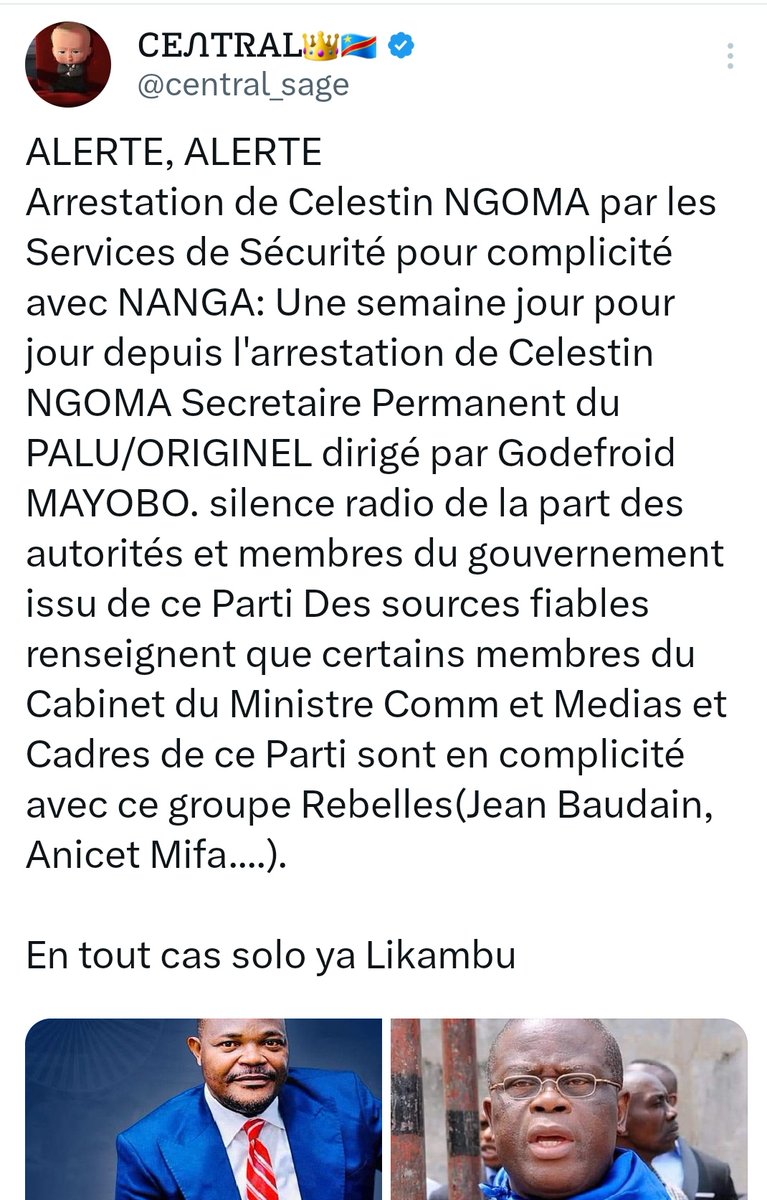 La fin d'une dissidence 
Le vrai <a href="/PALU/">Paul Éluard Klee</a> dirigé par son Secrétaire Général et Chef du Parti,Me Didier MAZENGA ne collaborera jamais avec les patins
<a href="/AlertesInfos/">AlertesInfos</a>
