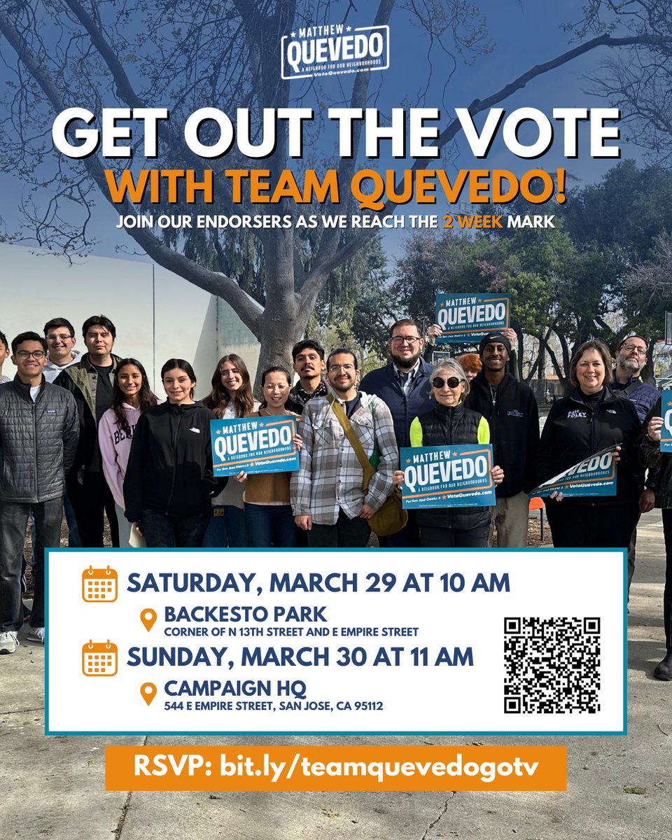 We’re just 14 days away from Election Day. With only two weekends left for voter outreach, we need your help to cross the finish line. Join Team Quevedo this weekend by RSVPing at bit.ly/teamquevedogotv. See you there!