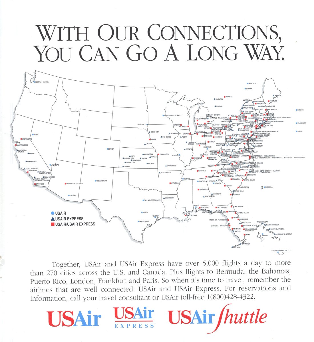 AvGeek71's tweet image. USAir, USAir Express, and USAir Shuttle destination map and a USAir Florida Shuttle route map. March, 1993. #avgeek #avgeeks #aviation #travel #USAir