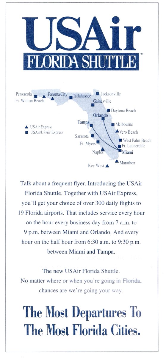 AvGeek71's tweet image. USAir, USAir Express, and USAir Shuttle destination map and a USAir Florida Shuttle route map. March, 1993. #avgeek #avgeeks #aviation #travel #USAir
