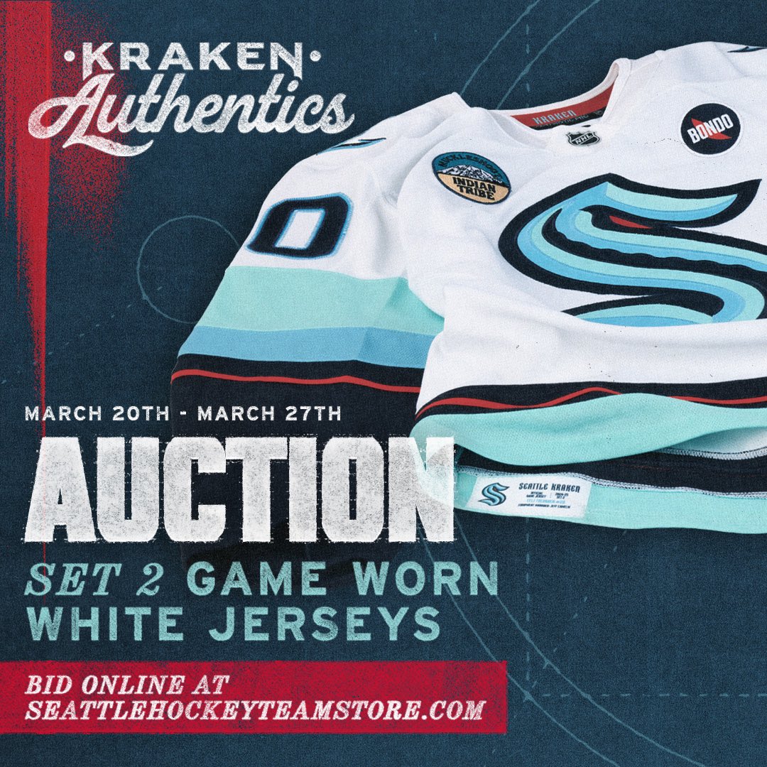 Seattle Kraken Team Store (@krakenteamstore) on Twitter photo Bid now for a Game-worn jersey for your favorite <a href="/SeattleKraken/">Seattle Kraken</a> player! Select 2024-25 season jerseys include the "Bondo" patch to honor Seattle Kraken co-founder and co-owner David Bonderman.
📅 Auction run until March 27!
🔗: bit.ly/KAAuctions Bid now for a Game-worn jersey for your favorite <a href="/SeattleKraken/">Seattle Kraken</a> player! Select 2024-25 season jerseys include the "Bondo" patch to honor Seattle Kraken co-founder and co-owner David Bonderman.
📅 Auction run until March 27!
🔗: bit.ly/KAAuctions