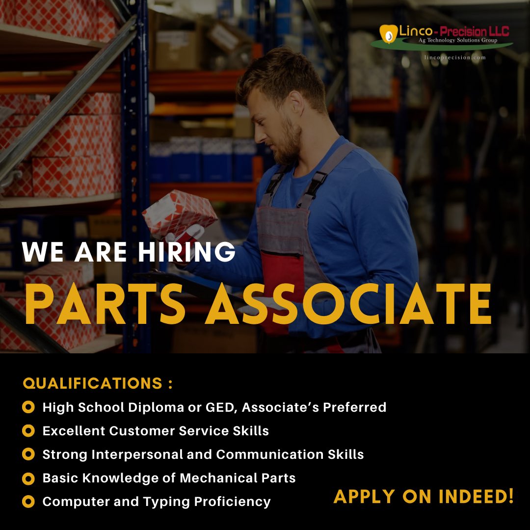 LincoPrecision's tweet image. We are still accepting applications for our Parts Associate Position! Full-time and starting ar $18/hour.

If you are interested, please apply on Indeed! ⬇️

indeed.com/m/viewjob?jk=0…

#jobopportunity #jobsearch #AgJobs