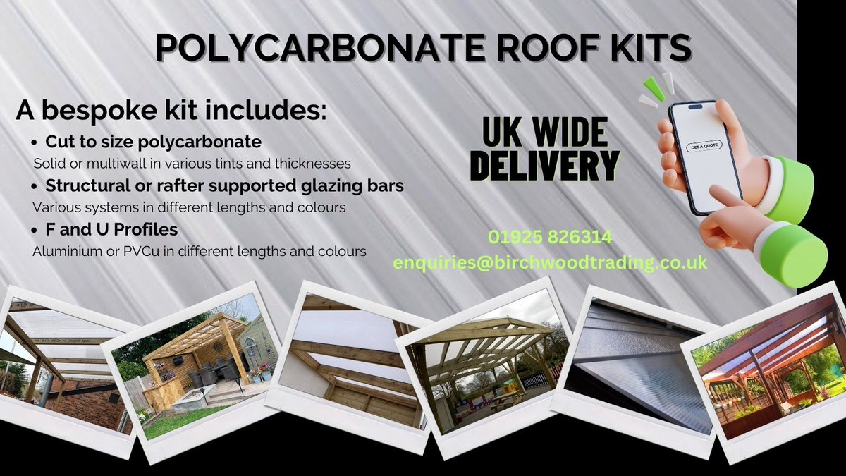Bizitalk's tweet photo. Do you have a timber, steel or aluminium structure that you want to cover? @BirchwoodTradin offer bespoke polycarbonate roof kits that you can fit yourself. Perfect for a #pergola, #leanto, #carport, #patiocover or #canopy.
Get in touch: https://t.co/oc66JehvCG
#Bizitalk https://t.co/PDOkOiGoHQ