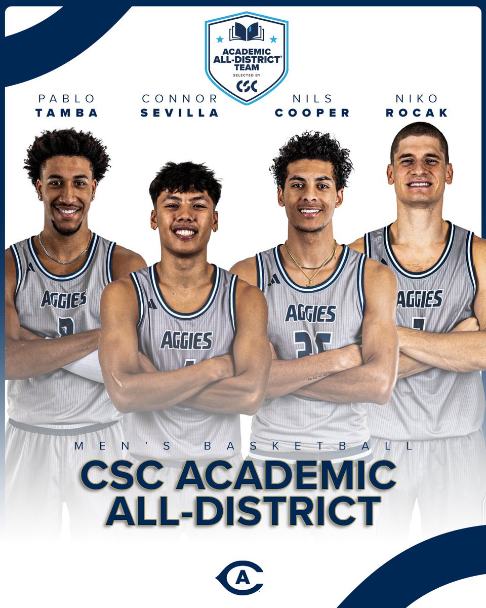 UC Davis Men’s Basketball (@ucdavismbb) on Twitter photo 𝐂𝐒𝐂 𝐀𝐜𝐚𝐝𝐞𝐦𝐢𝐜 𝐀𝐥𝐥-𝐃𝐢𝐬𝐭𝐫𝐢𝐜𝐭!
Congrats to Niko Rocak, Pablo Tamba, Connor Sevilla, and Nils Cooper on being named among the nation’s top student-athletes by <a href="/CollSportsComm/">College Sports Communicators</a> —honoring their excellence on the court and in the classroom!
#GoAgs 𝐂𝐒𝐂 𝐀𝐜𝐚𝐝𝐞𝐦𝐢𝐜 𝐀𝐥𝐥-𝐃𝐢𝐬𝐭𝐫𝐢𝐜𝐭!
Congrats to Niko Rocak, Pablo Tamba, Connor Sevilla, and Nils Cooper on being named among the nation’s top student-athletes by <a href="/CollSportsComm/">College Sports Communicators</a> —honoring their excellence on the court and in the classroom!
#GoAgs