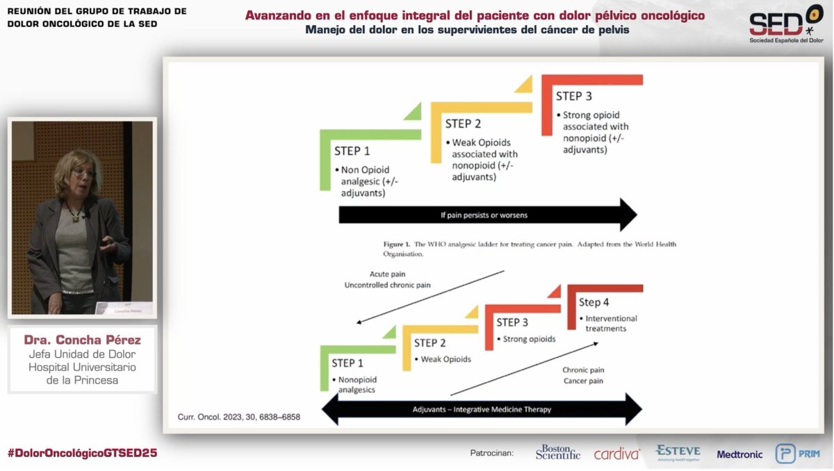 🧱 Escalera analgésica de la OMS actualizada para el manejo del dolor oncológico.
🔄 Paso a paso… pero también con posibilidad de bajar escalones.
🧠 Adyuvantes e intervencionismo ganan peso.

🩺 Manejo del dolor en supervivientes del cáncer de pelvis
<a href="/ConchaPhte/">Concha Pérez</a> en la 👉Reunión