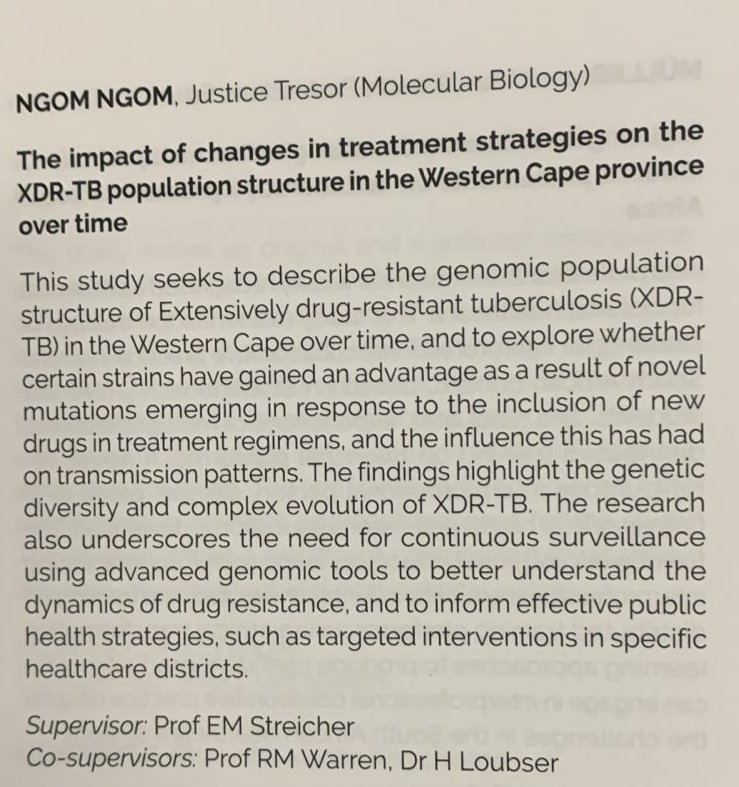 TB Genomics (@tbgenomics) on Twitter photo 🎉 A proud day for @suhealthsci and @su_mbhg! 👏
Please join us in congratulating Dr. <a href="/TresorNgom/">Justice T. NGOM 🧬🦠🧫🧪🔬</a> on his PhD!
🎓 His research, "The impact of change in treatment strategies on the XDR-TB population structure in Western Cape Province over time," is impactful. 🎉 A proud day for @suhealthsci and @su_mbhg! 👏
Please join us in congratulating Dr. <a href="/TresorNgom/">Justice T. NGOM 🧬🦠🧫🧪🔬</a> on his PhD!
🎓 His research, "The impact of change in treatment strategies on the XDR-TB population structure in Western Cape Province over time," is impactful.