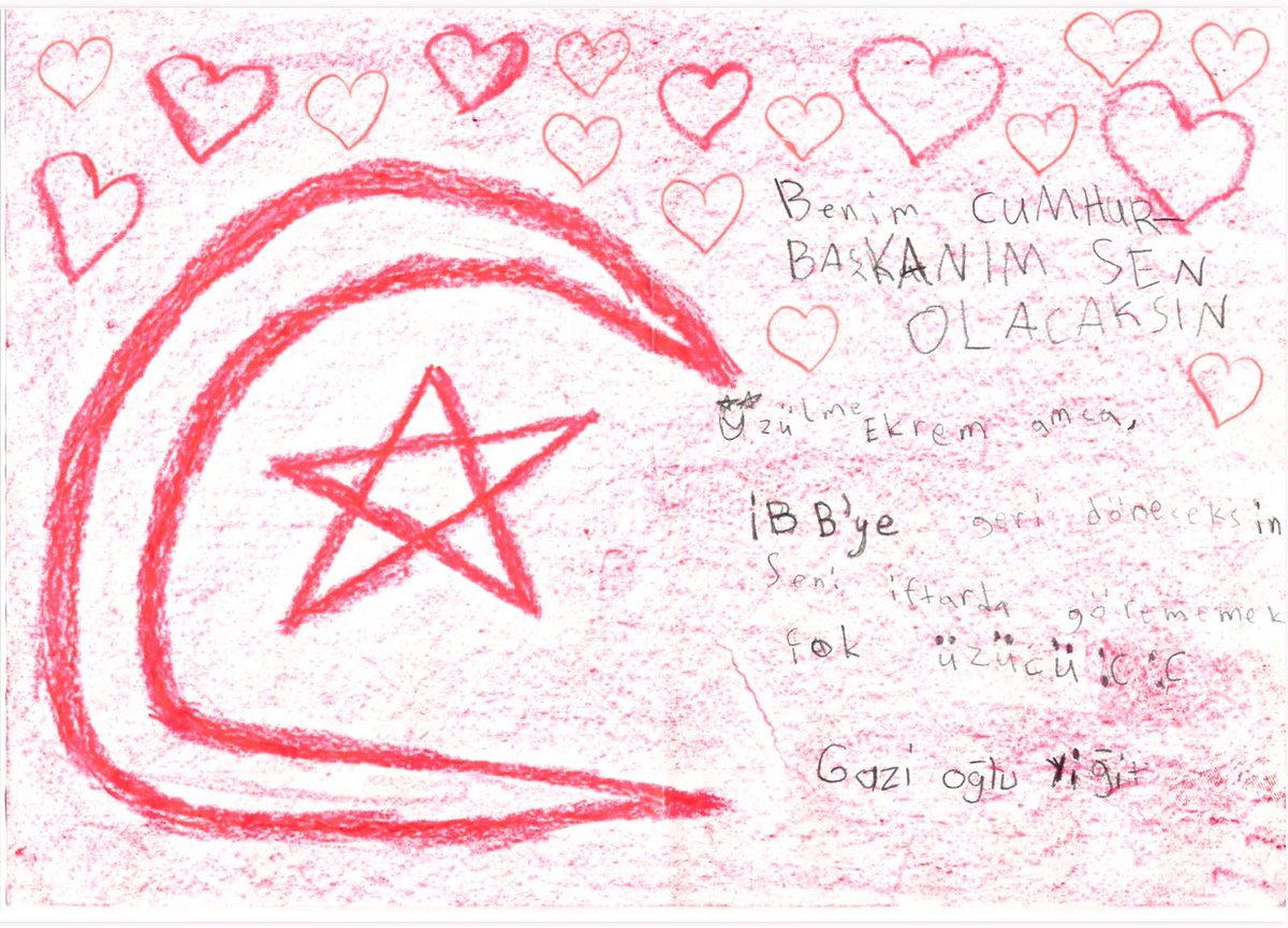 "Benim Cumhurbaşkanım sen olacaksın. Üzülme Ekrem Amca, İBB'ye geri döneceksin. Seni iftarda görmemek çok üzücü :( :(" 

Bir gazimizin oğlundan çok güzel bir mektup aldım. Bu ülkenin vatanını seven, vicdanlı çok güzel çocukları var. Umut Burada!