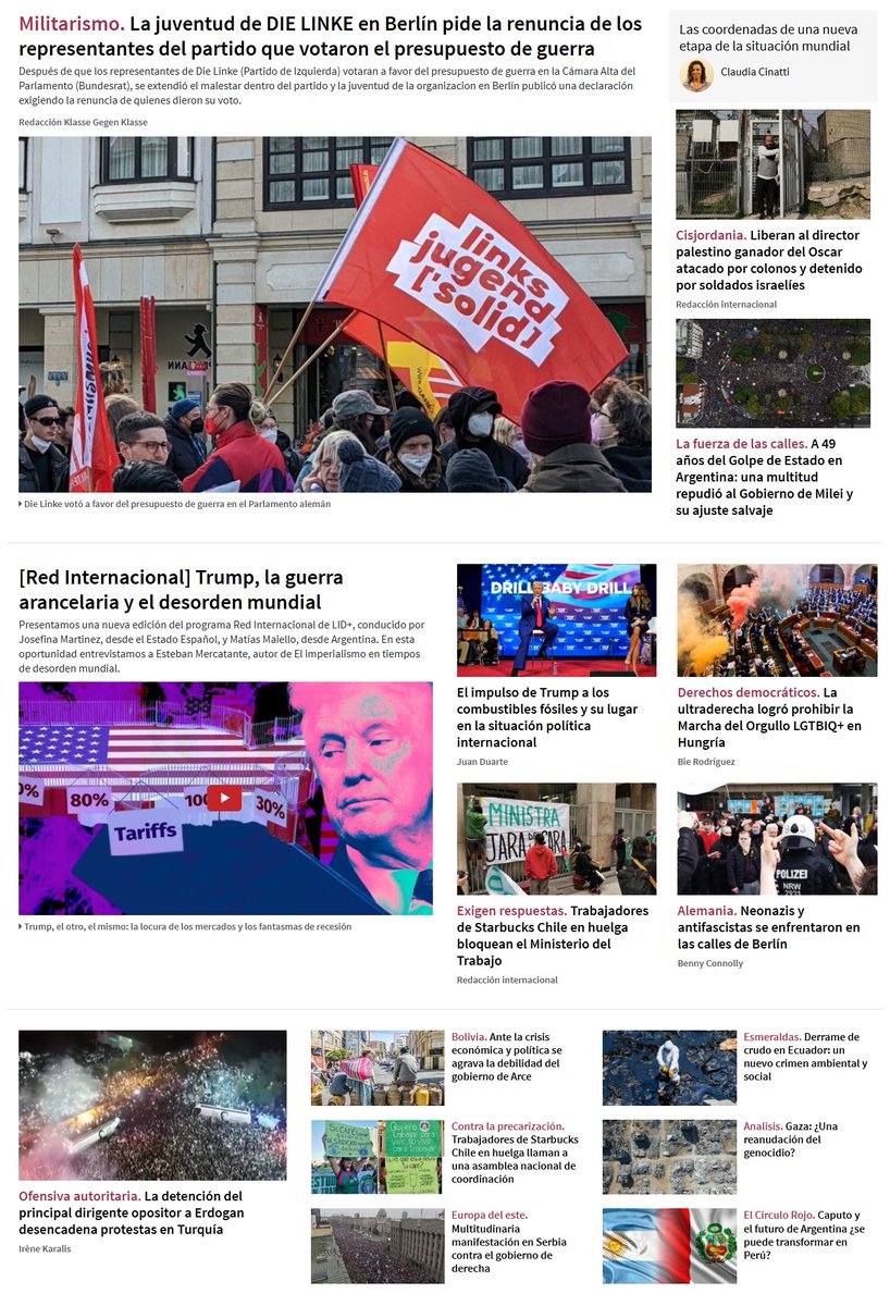 #Ahora en <a href="/izquierdadiario/">La Izquierda Diario</a> #Internacional
🇩🇪 #Alemania juventud de Die Linke contra el guerrerismo
🇵🇸 #Cisjordania liberan a Hamdan Ballal
🇦🇷 #Argentina una multitud a 49 años del golpe
📺 #Trump aranceles y desorden mundial
🇨🇱 #Starbucks huelga
🇹🇷 #Turquia protestas
🏳️‍🌈 #Hungria