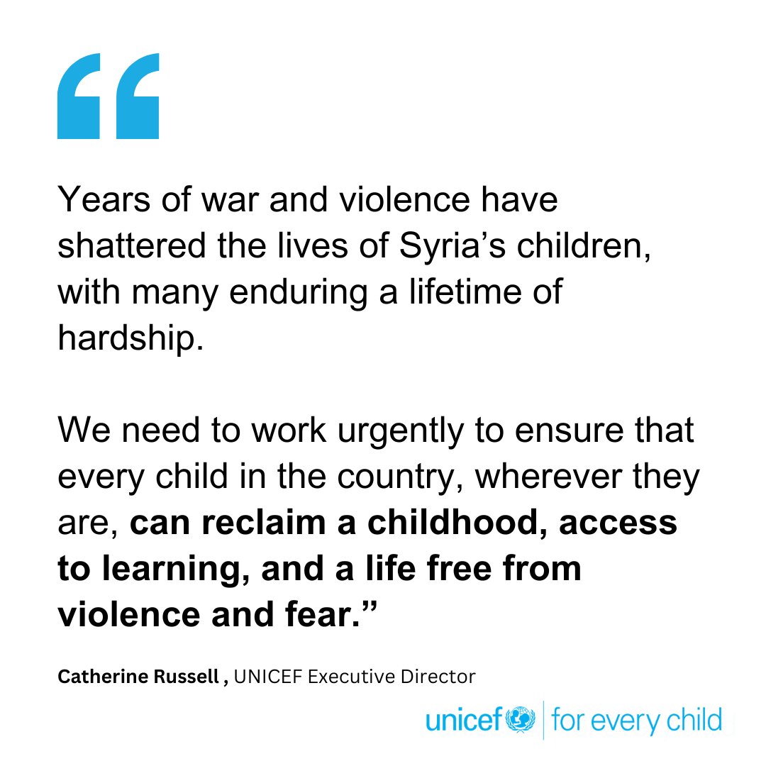 As families in #Syria adjust to a new era in the country’s history following 14 years of brutal conflict, UNICEF calls for urgent support to ensure children have a safe and prosperous path ahead.

Press release: bit.ly/4hIOcx2