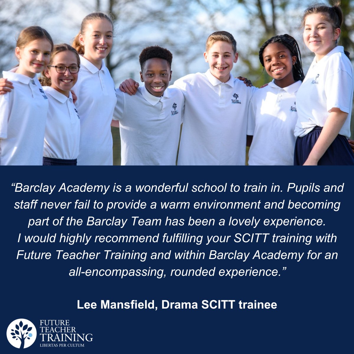 Barclay Academy, one of the seven fantastic secondary schools within Future Academies, offers a warm and supportive environment for our SCITT trainees.

Lee, one of our current Drama SCITT trainees, describes Barclay Academy as “a wonderful school to train in."