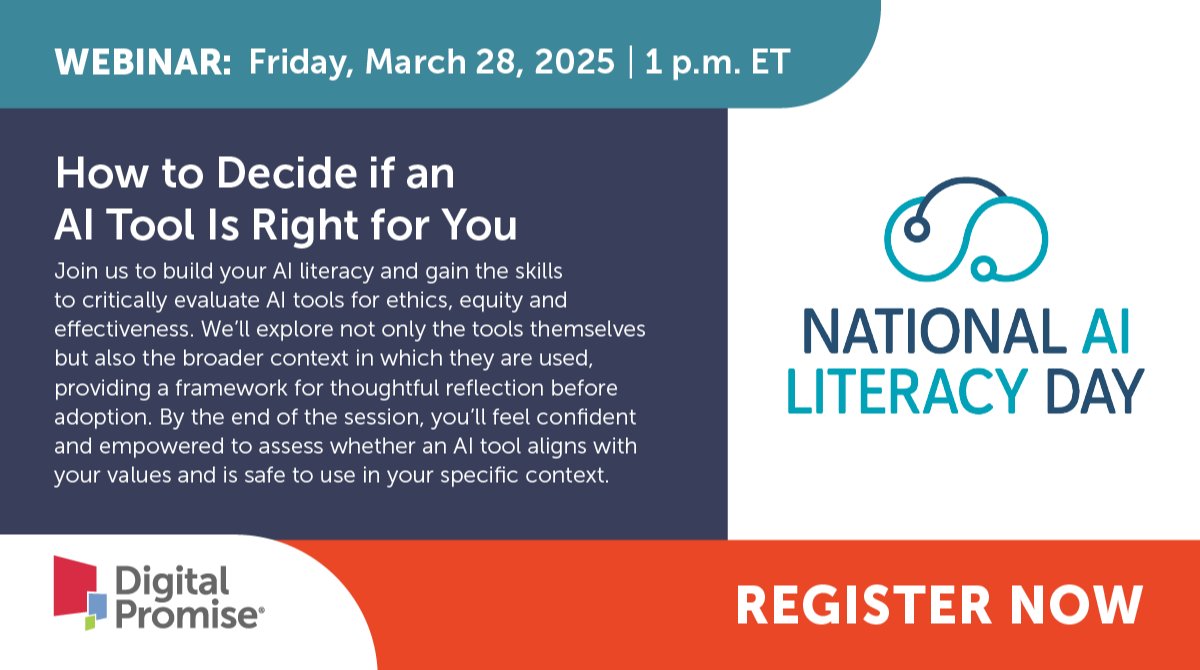 Get the skills to make informed AI decisions! Learn how to assess AI tools for ethics, equity, and effectiveness before adoption. Register today! bit.ly/3XKkHUe #AILiteracyDay #EdTech