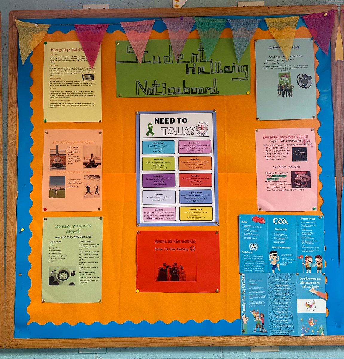 MsCurtin832's tweet photo. The student well-being committee have been working hard to update their noticeboard in our GPA. The board includes a movie &amp; book recommendation, study tips, a song and some after school clubs open to students in our local area ✨⭐️ @thebrunnerD7 https://t.co/BFygUbapsc