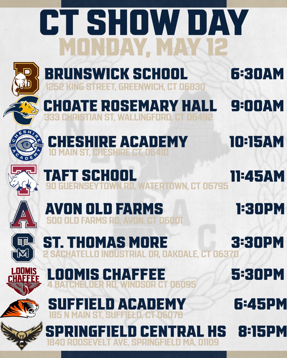 Coach Jon Wholley (@jonathanwholley) on Twitter photo 🦞🏈Northeast Show Days 🏈🗽
🏈Mon- 5/12- CT
🏈 Tues- 5/13-MA
🏈Wed-5/14-NY/NJ
📅 Mon, May 12th- Schedule
1️⃣ <a href="/Wick_Football_/">Brunswick Football</a>
2️⃣ <a href="/CRHFootball/">Choate Rosemary Hall Football 🐗</a>
3️⃣ <a href="/CAcatsFB1794/">Cheshire Academy Football</a>
4️⃣ <a href="/TaftFootballCT/">Taft Football</a>
5️⃣ <a href="/AOF_Football/">AOF Football</a>
6️⃣ <a href="/STMCT_Football/">St. Thomas More Football</a>
7️⃣ <a href="/LoomisFootball/">Loomis Chaffee Football</a>
8️⃣ <a href="/SATigerFootball/">Suffield Academy Football</a>
9️⃣ <a href="/CentralFB413/">Springfield Central Football</a> 🦞🏈Northeast Show Days 🏈🗽
🏈Mon- 5/12- CT
🏈 Tues- 5/13-MA
🏈Wed-5/14-NY/NJ
📅 Mon, May 12th- Schedule
1️⃣ <a href="/Wick_Football_/">Brunswick Football</a>
2️⃣ <a href="/CRHFootball/">Choate Rosemary Hall Football 🐗</a>
3️⃣ <a href="/CAcatsFB1794/">Cheshire Academy Football</a>
4️⃣ <a href="/TaftFootballCT/">Taft Football</a>
5️⃣ <a href="/AOF_Football/">AOF Football</a>
6️⃣ <a href="/STMCT_Football/">St. Thomas More Football</a>
7️⃣ <a href="/LoomisFootball/">Loomis Chaffee Football</a>
8️⃣ <a href="/SATigerFootball/">Suffield Academy Football</a>
9️⃣ <a href="/CentralFB413/">Springfield Central Football</a>
