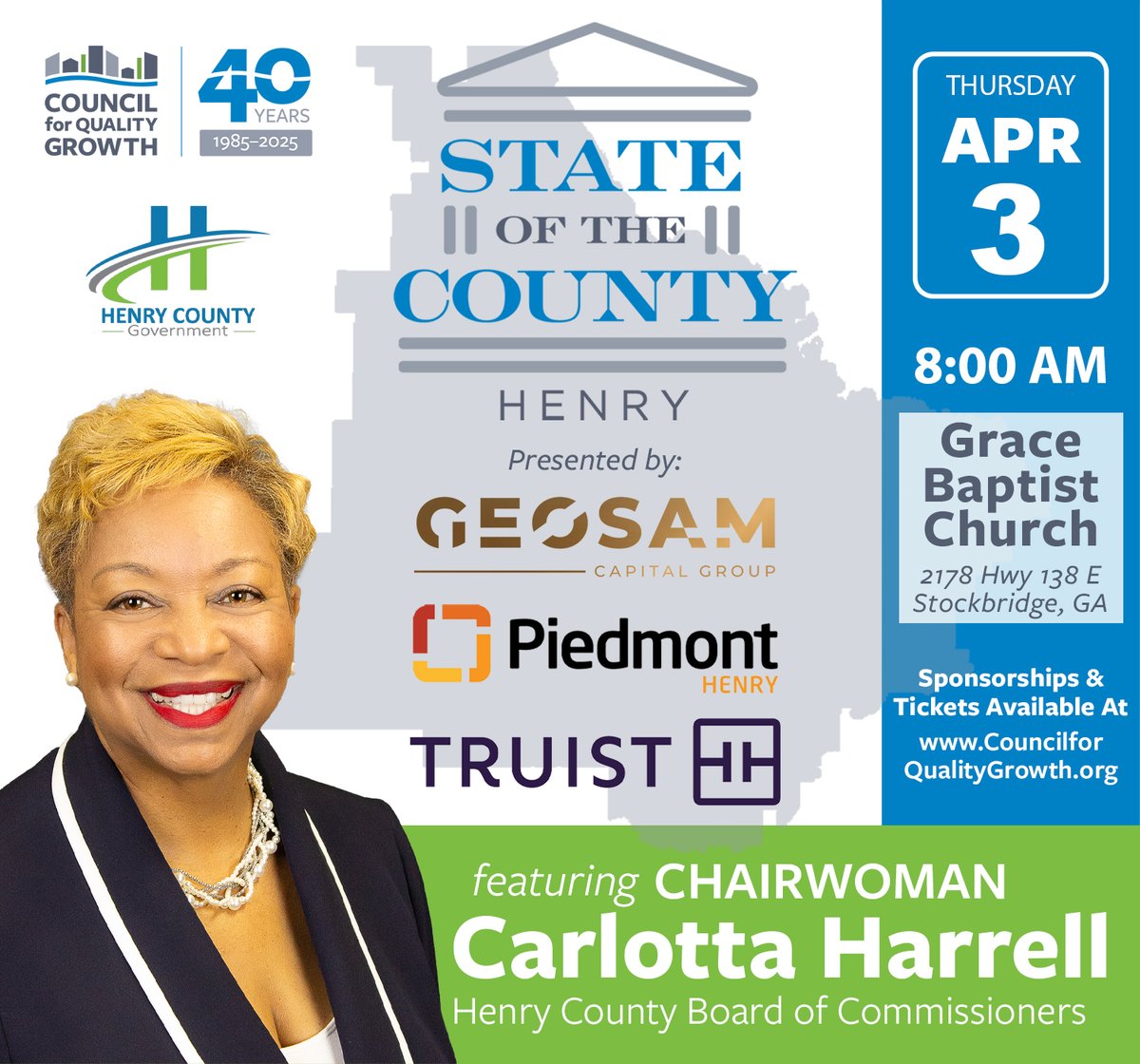 ONE WEEK LEFT until the 2025 State of Henry County presented by Geosam Capital, Piedmont, and Truist. Join us on 4/3 when Chairwoman Carlotta Harris Harrell will review the past year's achievements &amp; present the vision for 2025: councilforqualitygrowth.memberzone.com/events/details….
#StateofHenry #HenryCounty