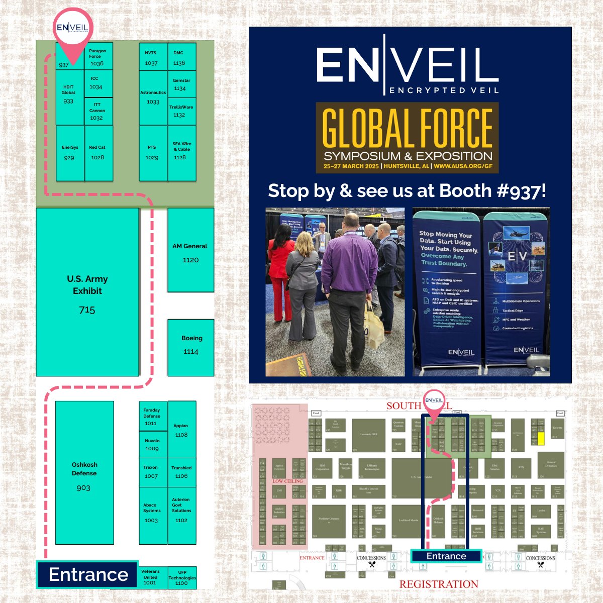 enveil_inc's tweet image. Off to a great start at AUSA Global Force 2025! Stop by Booth 937 to say hi to our team and and learn how we&apos;re enabling secure data usage across silos &amp;amp; boundaries for a wide-range of mission use cases.

#AUSAGlobal #PrivacyEnhancingTechnologies #DataInUse