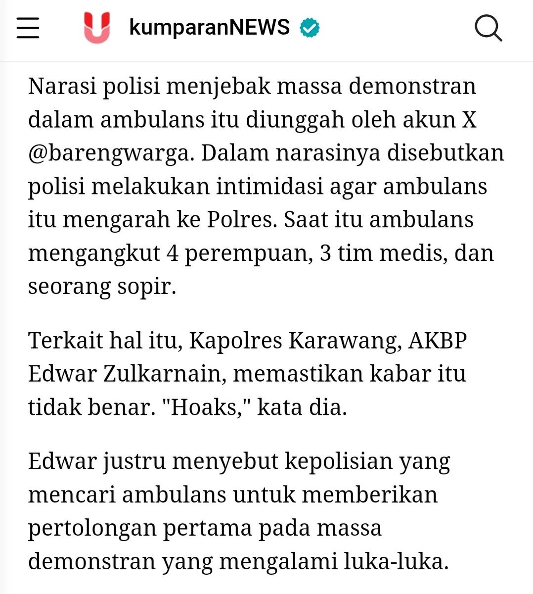 iyagitubar's tweet image. Kak @jorgianaaa ini dari Kapolres Karawang hoax katanya

Source: m.kumparan.com/kumparannews/k…