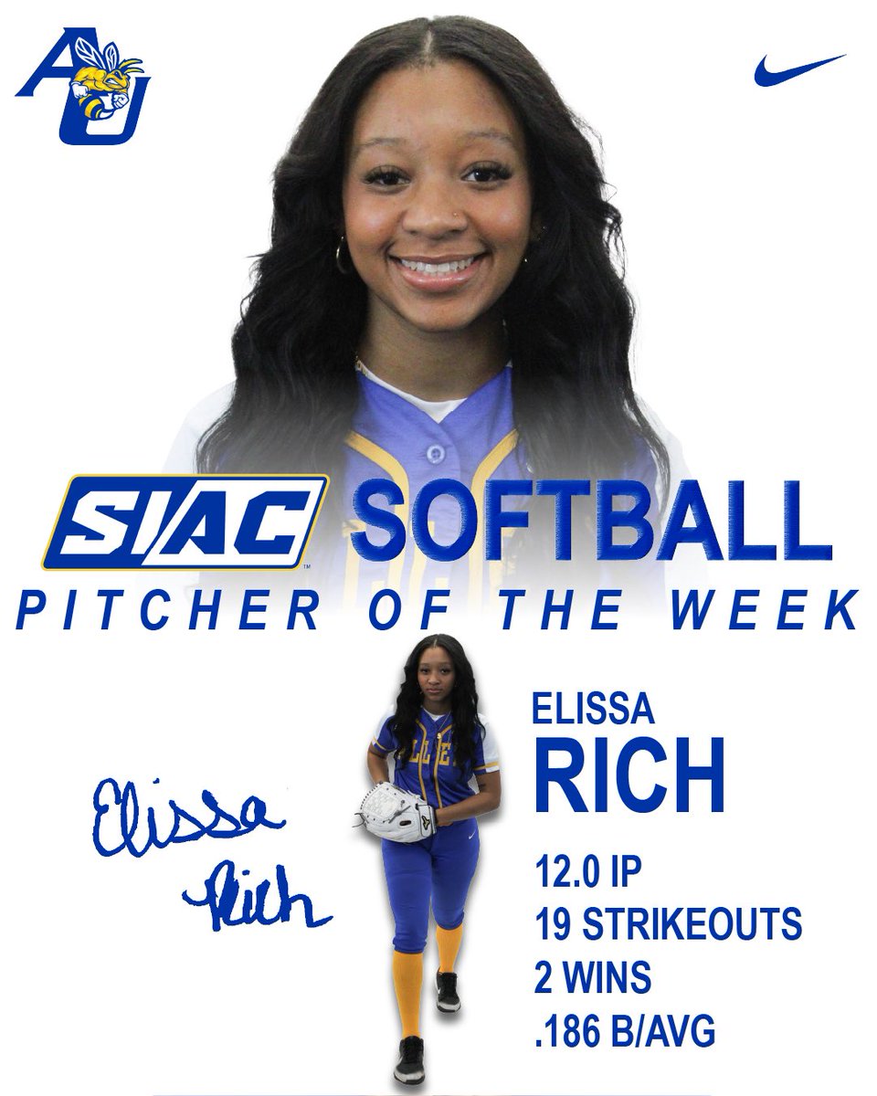 𝐒𝐈𝐀𝐂 𝐏𝐈𝐓𝐂𝐇𝐄𝐑 𝐎𝐅 𝐓𝐇𝐄 𝐖𝐄𝐄𝐊

For the first time this season, the SIAC has named Elissa Rich as Softball Pitcher of the Week! Rich earned two wins while striking out 19 batters in 12.0 innings this weekend! 

📰: bit.ly/426fg3y