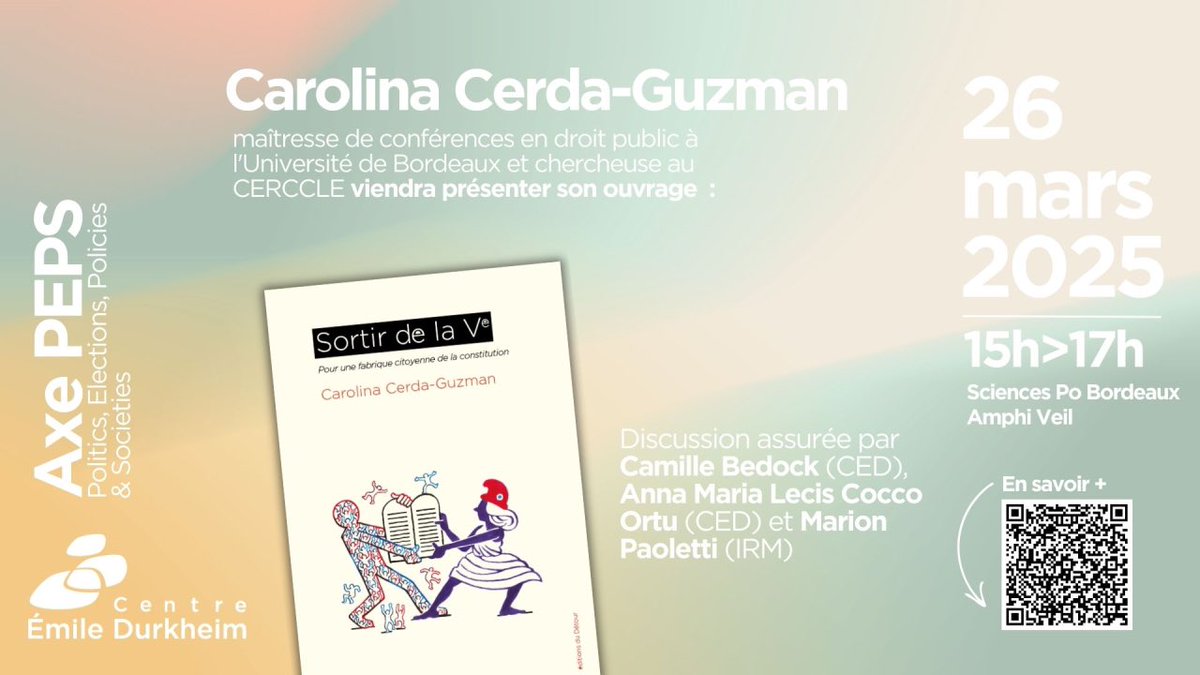Carolina Cerda-Guzman (@caro_in_red) on Twitter photo Chic !! Demain on reparle de « Sortir de la Ve. Pour une fabrique citoyenne de la Constitution » (<a href="/DuDetour/">Éditions du Détour</a>).
Cette fois-ci, ce sera avec le Centre Émile Durkheim à Sciences Po Bordeaux.
Rdv à 15h dans l’amphi Veil. Chic !! Demain on reparle de « Sortir de la Ve. Pour une fabrique citoyenne de la Constitution » (<a href="/DuDetour/">Éditions du Détour</a>).
Cette fois-ci, ce sera avec le Centre Émile Durkheim à Sciences Po Bordeaux.
Rdv à 15h dans l’amphi Veil.