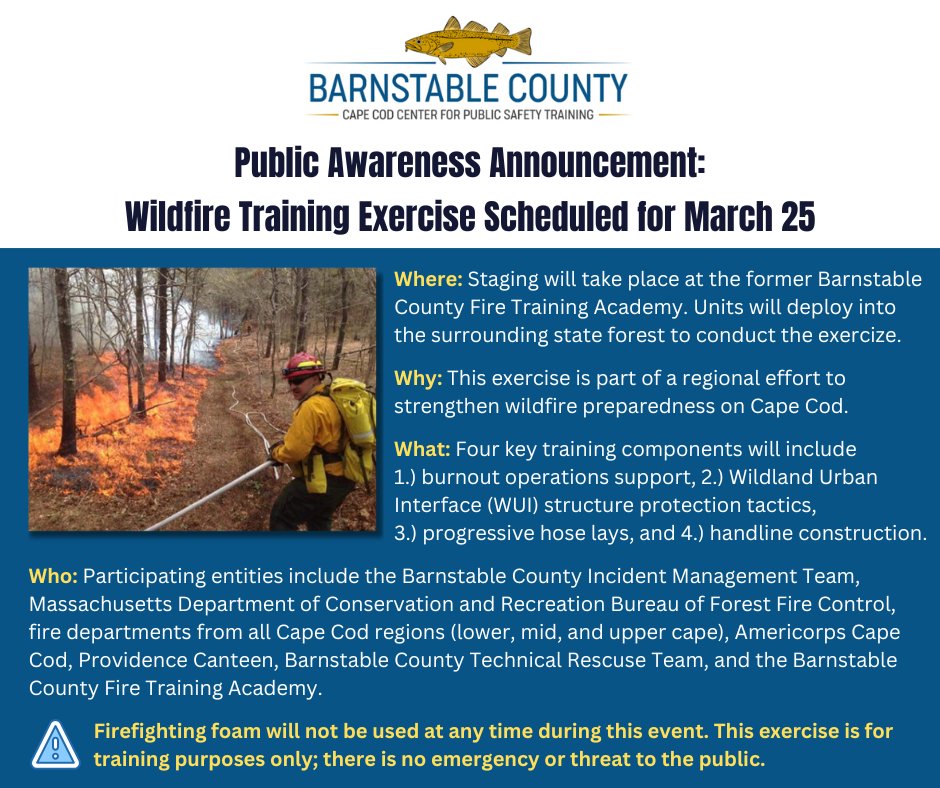 Public Awareness Announcement! 📢 On 3/26, from 9 AM to 4 PM, the Cape Cod Center for Public Safety Training will host a full-scale Wildland Firefighting Exercise at the former Barnstable County Fire Training Academy. Learn more: loom.ly/L1t7u1s #capecodgov