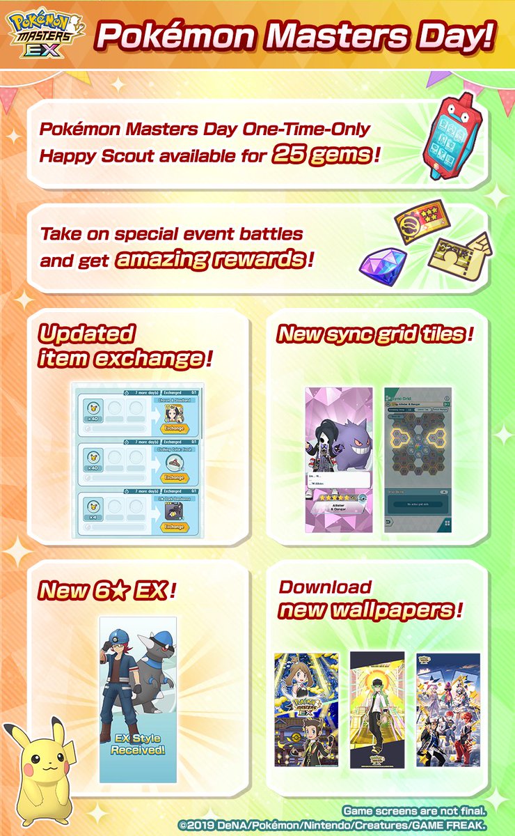 PokemonMasters's tweet photo. It’s #PokemonMastersDay! 🎉

Log in today to get a present of 500 gems! 🎁

Special event battles and two celebratory one-day-only sync pair scouts are live! ✨

Tap the infographic to see details about today’s upgraded sync pairs.

#PokemonMasters https://t.co/D8sv5Eef1q