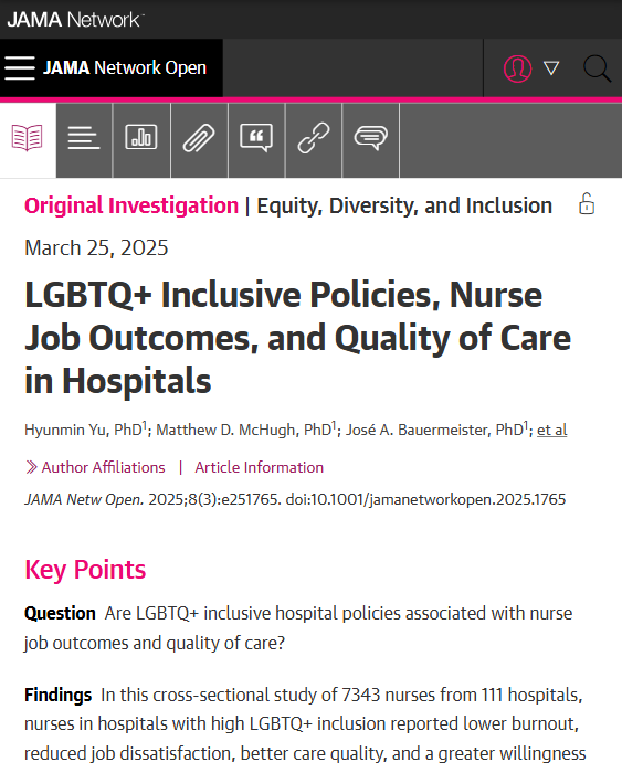 JAMA Network Open (@jamanetworkopen) on Twitter photo Nurses in US hospitals with high levels of LGBTQ+ inclusion reported lower burnout, reduced job dissatisfaction, better quality of care, and a greater willingness to recommend their hospitals. ja.ma/4c2jDBf <a href="/Penn_CHOPR/">Center for Health Outcomes and Policy Research</a> <a href="/hyunmin_yu/">David (Hyunmin) Yu, PhD, AGACNP-BC (he/him)</a> <a href="/k_lasater/">Karen Lasater PhD RN FAAN (she/her)</a> Nurses in US hospitals with high levels of LGBTQ+ inclusion reported lower burnout, reduced job dissatisfaction, better quality of care, and a greater willingness to recommend their hospitals. ja.ma/4c2jDBf <a href="/Penn_CHOPR/">Center for Health Outcomes and Policy Research</a> <a href="/hyunmin_yu/">David (Hyunmin) Yu, PhD, AGACNP-BC (he/him)</a> <a href="/k_lasater/">Karen Lasater PhD RN FAAN (she/her)</a>