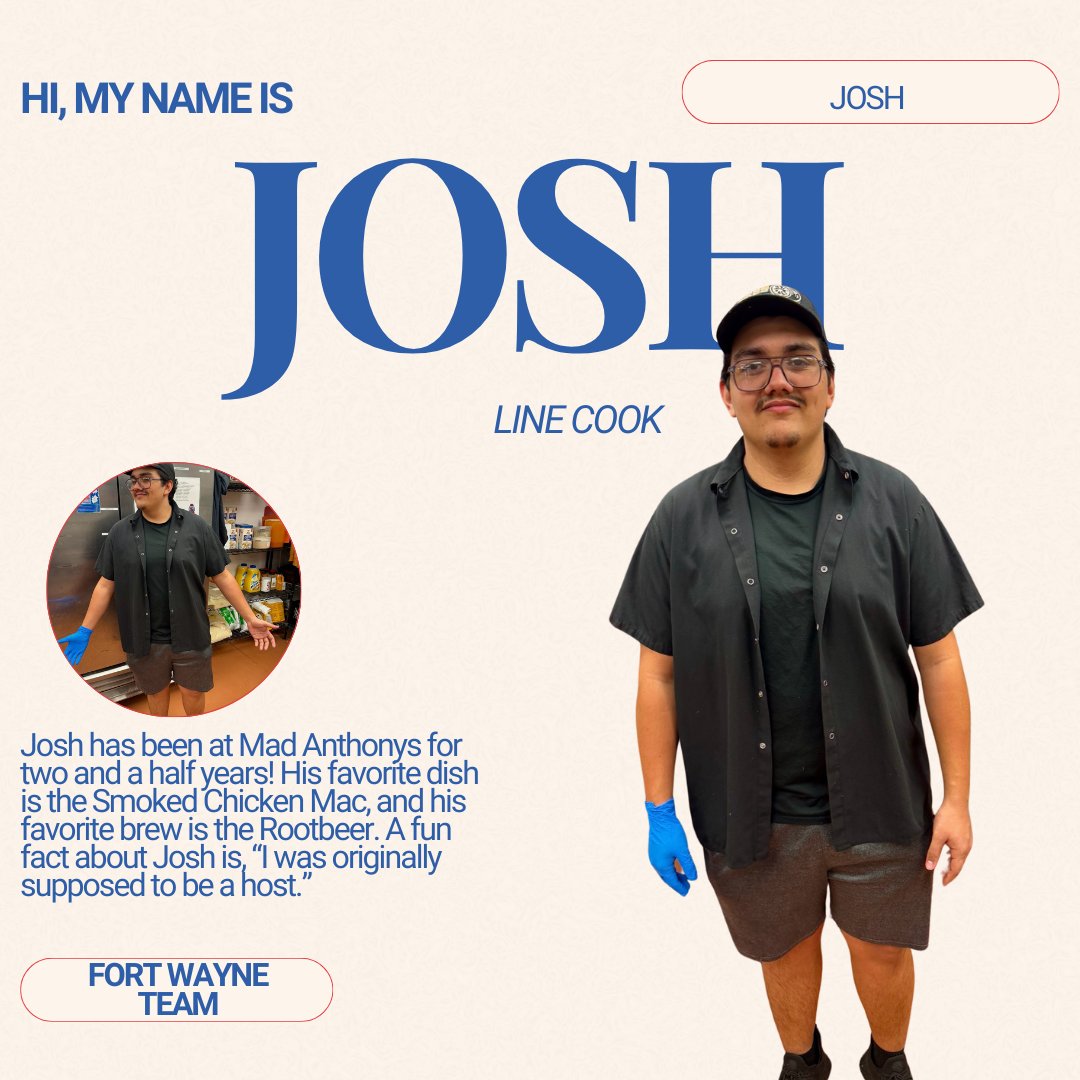 MadAnthonyBrew's tweet image. Meet Josh, a line cook at our Fort Wayne location! 🥳

 #FortWayne #LineCook #MeetTheTeam #SupportLocal