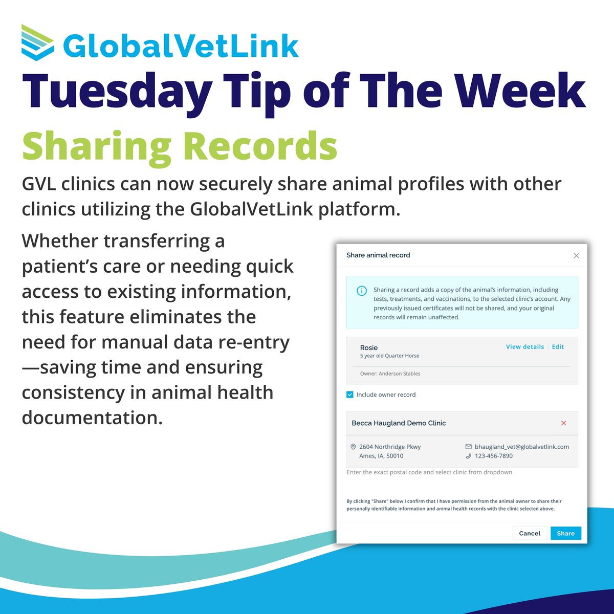 GVL clinics can now securely share animal profiles with other clinics using the GlobalVetLink platform — no more manual data re-entry! 🙌

Learn more about this new feature? Check out our blog for all the details! hubs.la/Q03cNXCH0