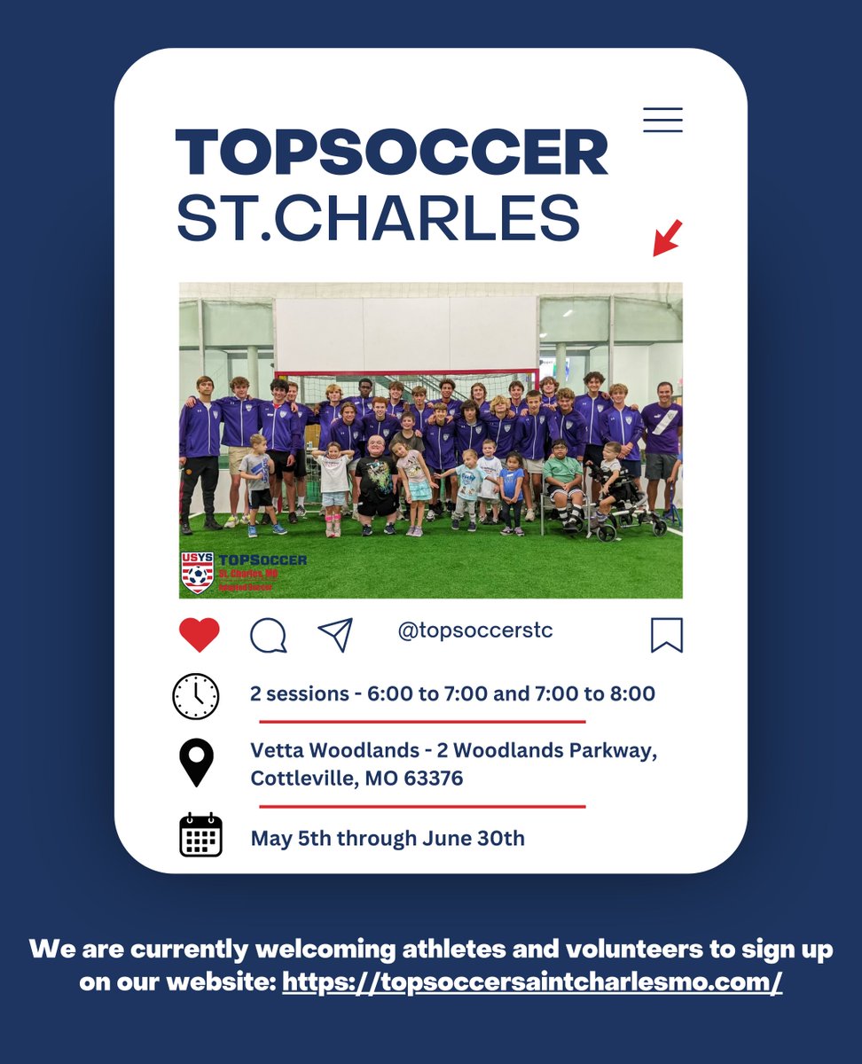 Join us for TOPSoccer St. Charles! Our inclusive program brings the joy of soccer to athletes of all abilities.
⁠
Sign up today at topsoccersaintcharlesmo.com and be part of our amazing community! ⁠
⁠
#TOPSoccer #InclusiveSports @topsoccerstc