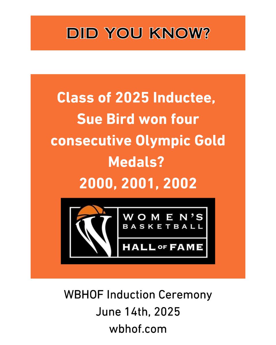 Did you know this interesting fact about Class of 2025 Inductee, <a href="/sbird10/">s birdfan</a>?!

Stay tuned for more information about the Class of 2025 Inductees👀

#WBHOF #HonorCelebratePromote #SueBird #UCONN #WBB #Tampa #FinalFour #InductionCeremony #ClassOf2025