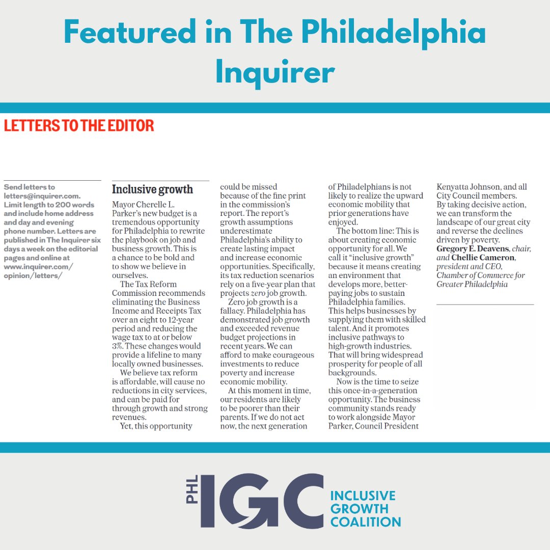 The mayor’s budget could be transformative, but the Tax Reform Commission’s plan underestimates Philly’s potential for growth. Read the Chamber of Commerce's letter to the editor on <a href="/PhillyInquirer/">The Philadelphia Inquirer</a>: brnw.ch/21wRzcs  

<a href="/PHLCouncil/">PHLCouncil</a>
<a href="/CouncilmemberKJ/">Kenyatta Johnson</a>
<a href="/CouncilwomanKGR/">Councilmember Katherine Gilmore Richardson</a>