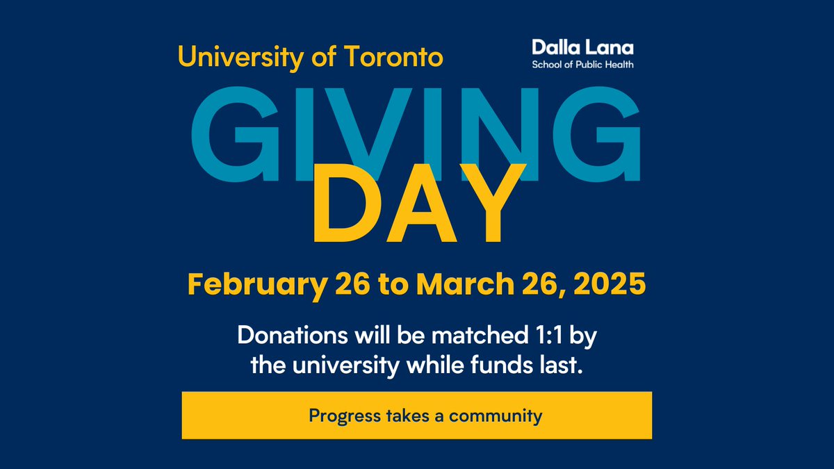 U of T Public Health (@uoft_dlsph) on Twitter photo Double your impact until March 26 for #UofTGivingDay! <a href="/UofT/">University of Toronto</a> is matching donations up to $1,000, while funds last.
Donate to PHS: ow.ly/RPf850VogmP.
Donate to IHPME: ow.ly/rJxz50VogmS. Double your impact until March 26 for #UofTGivingDay! <a href="/UofT/">University of Toronto</a> is matching donations up to $1,000, while funds last.
Donate to PHS: ow.ly/RPf850VogmP.
Donate to IHPME: ow.ly/rJxz50VogmS.