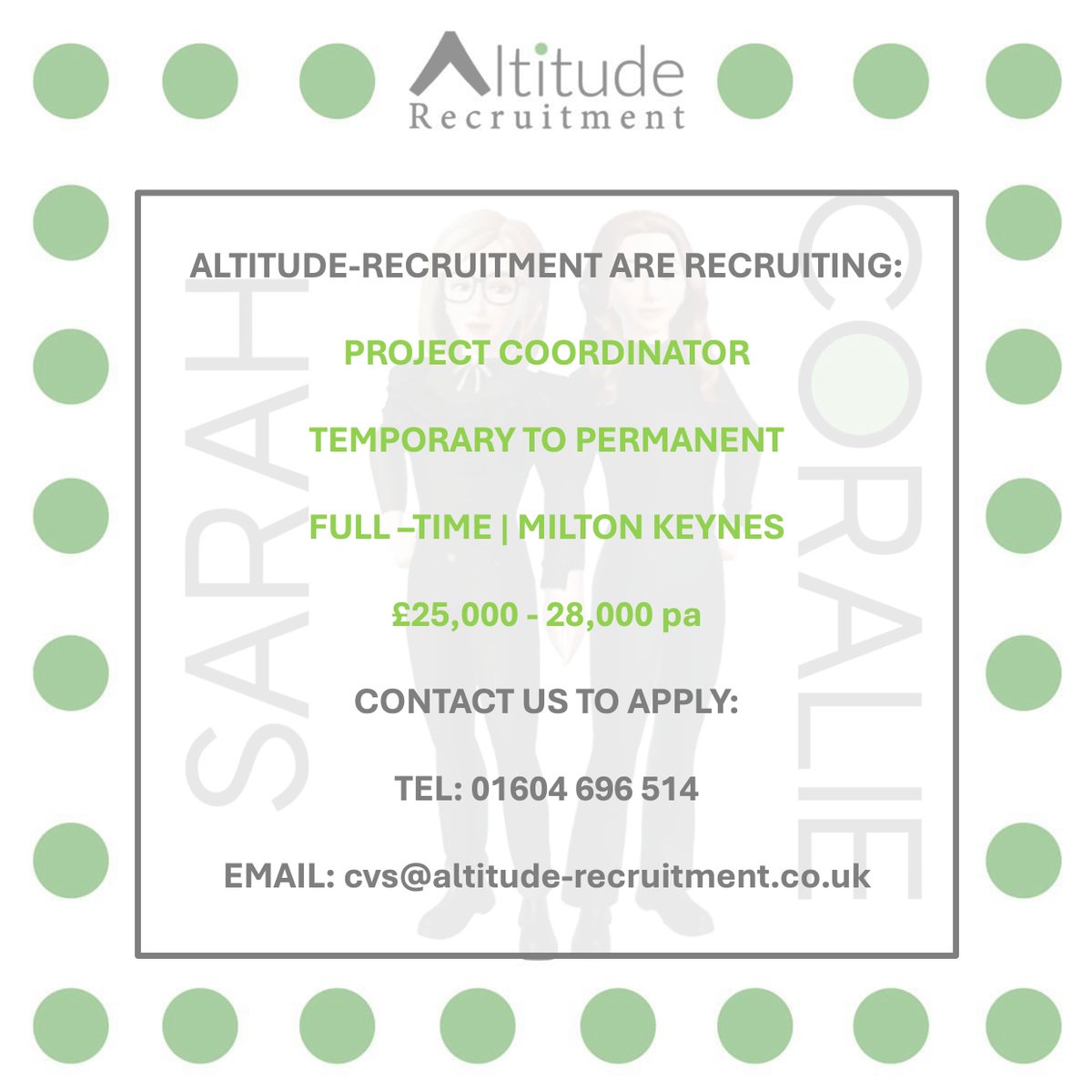 SarahAltitude's tweet image. 📢📢 JOB ALERT 📢📢

We are recruiting for a Project Coordinator the perfect opportunity to kick start your project career!! 

Email your CV to: 📧
cvs@altitude-recruitment.co.uk 

Call us on: 📞
01604 696 514

#newrole #temptoperm #projectcoordinator #contactustoday