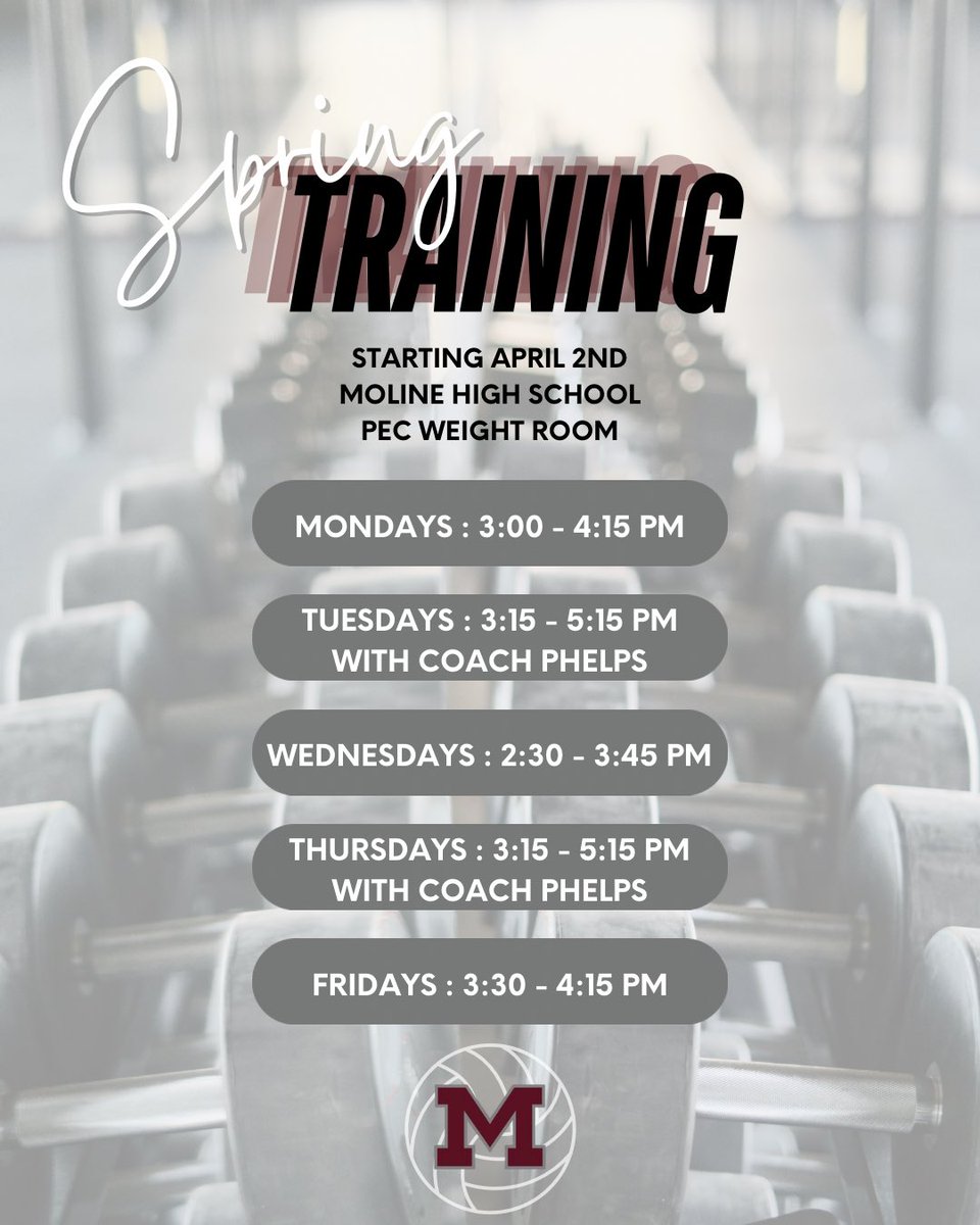 Starting April 2nd, we kick off spring weight training at Moline High School in the PEC Weight Room! Incoming freshmen for the ’25-’26 school year are welcome to join. Build strength, train hard, and get ready for the season! 💪

#MolineVolleyball #StrengthInSpring