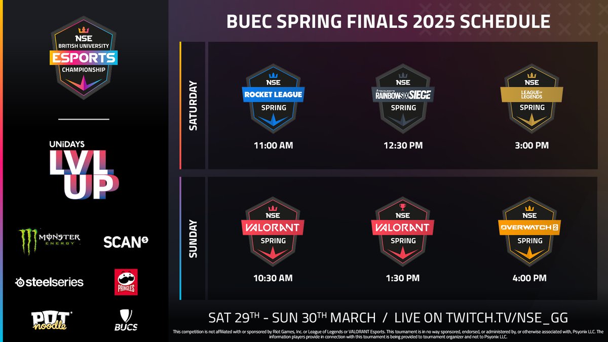 🤏 We are SO CLOSE to our #BUECSpring2025 finals this weekend and UNiDAYS LVL UP LIVE!

💥 There's loads of action coming up that you DO NOT want to miss, check out our weekend schedule below.

🎟️ Grab your FREE tickets to the finals &amp; UNiDAYS LVL UP LIVE: nse.gg/news/buec-fina…