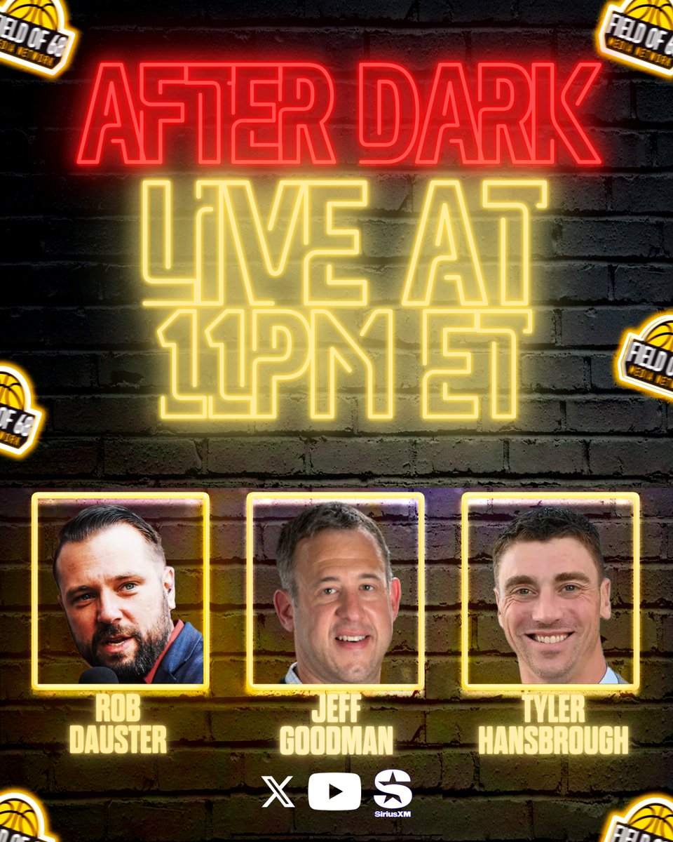 The Field of 68 (@thefieldof68) on Twitter photo 🚨 TONIGHT ON AFTER DARK 🚨
<a href="/RobDauster/">Rob Dauster</a>, <a href="/GoodmanHoops/">Jeff Goodman</a> and <a href="/THANS50/">Tyler Hansbrough</a> preview the Sweet 16, give the latest portal and carousel updates, and MUCH more! 👀
TUNE IN:
youtube.com/live/KkiKj_OIb… 🚨 TONIGHT ON AFTER DARK 🚨
<a href="/RobDauster/">Rob Dauster</a>, <a href="/GoodmanHoops/">Jeff Goodman</a> and <a href="/THANS50/">Tyler Hansbrough</a> preview the Sweet 16, give the latest portal and carousel updates, and MUCH more! 👀
TUNE IN:
youtube.com/live/KkiKj_OIb…