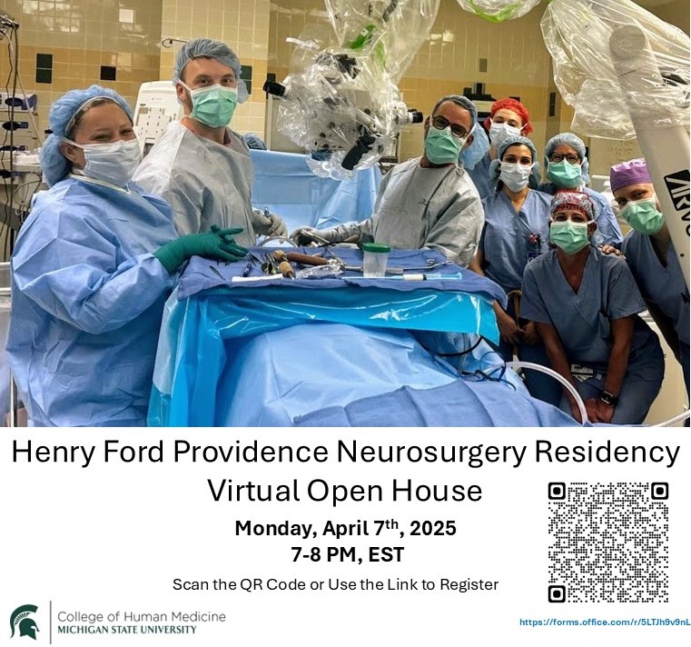 Henry Ford Providence MSU Neurosurgery (@msuneurosurgery) on Twitter photo Join us April 7th for a Virtual Open House! Get an inside look at our program and join a Q&A with our Program Director, faculty, and residents. Register via QR code! Questions? Contact Melissa Surratt at msurrat2@hfhs.org. Join us April 7th for a Virtual Open House! Get an inside look at our program and join a Q&A with our Program Director, faculty, and residents. Register via QR code! Questions? Contact Melissa Surratt at msurrat2@hfhs.org.