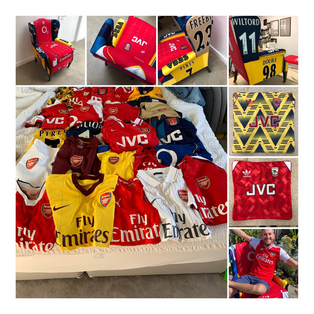 DPR_14's tweet photo. @Arsenal My wingback ‘Chair of Champions’ made from all my childhood / teenage kits ⚽️ 🪑 🏆 https://t.co/NGRVgGZKAG